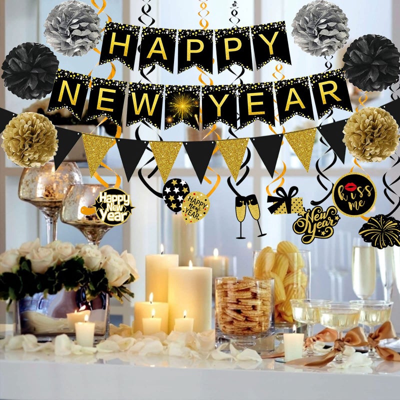 Famoby Happy New Year Banner Pom poms Triangle flag Swirls Garland Hanging Bunting for Happy New Year Party Decorations - Image 4